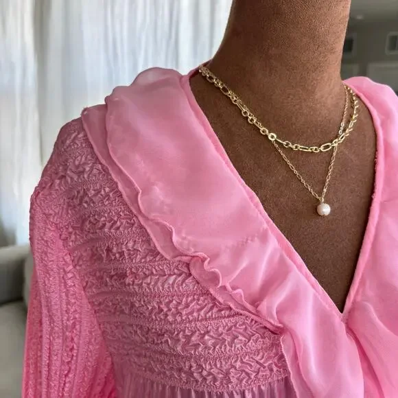 Y2K Vintage WD.NY Women’s Pink Top Textured Mesh Ruffle Blouse Top Size M - Picture 8 of 8